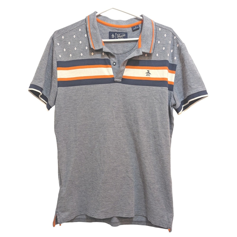 Original Penguin Men's M Grey Polo Cotton Striped Retro Logo Shirt‎